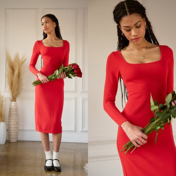 ANTHROPOLOGIE Spiritual Gangster Luly Slim Ribbed Knit Red Midi Dress NWT $176 - Picture 5 of 7